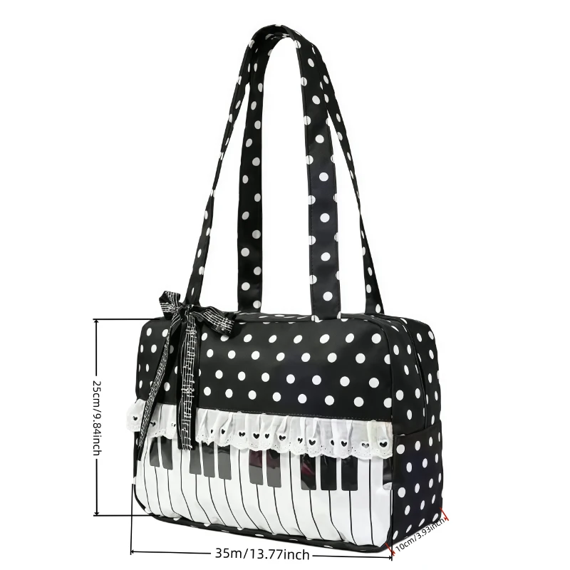 Polka Dot Piano Key Lace Ribbon Umhängetasche, Kontrastfarbe Patchwork Große Damen Bowling Tote Bag, Y2k Girls Wave Point Handtasche – Detail 1