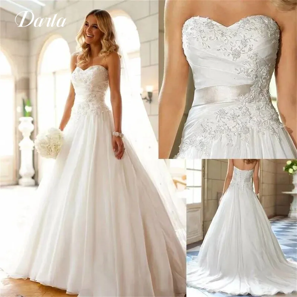 

Elegant A-Line Sweetheart Neck Wedding Dress 2024 Sleeveless Lace Applique Bead Bride Gown Backless Sweep Train Vestido De Noiva