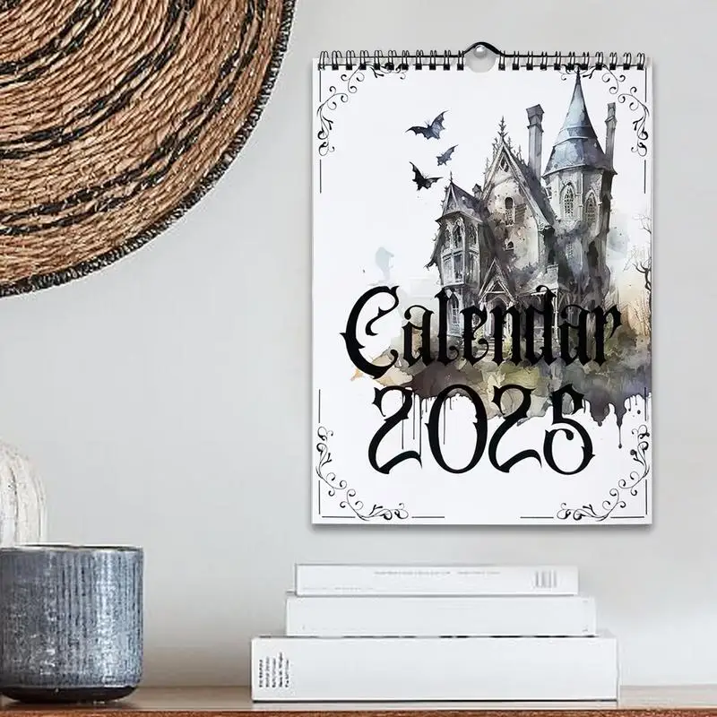 Gothic Wall Calendar, Secretária Mensal, Castelo Horror, Decorações do Dia das Bruxas, 11x9 polegadas, 2025