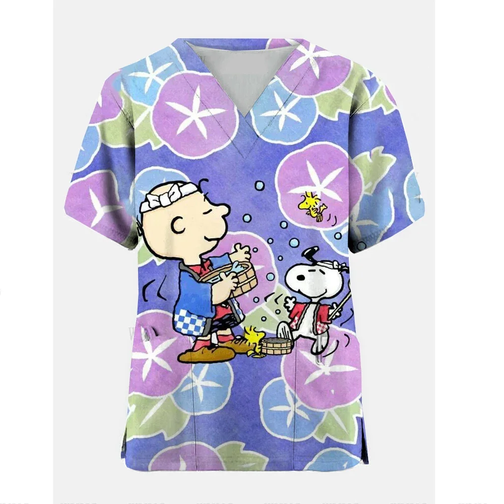 

T-shirt Snoopy Summer Women Cartoon Dog Snoopy Shirts Tops Pocket Woman Nurse Uniform Clothes V Neck T-shirts Hospital