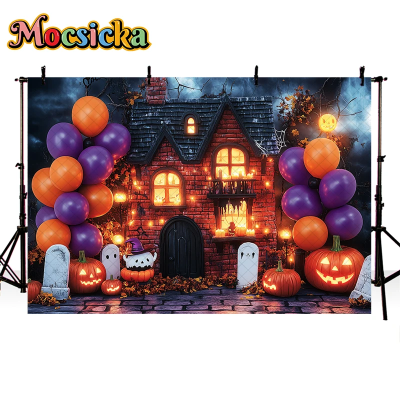 Mocsicka Halloween Backdrops Pumpkin Lantern Evening House Kids Photography Props Cemetery Moon Child Adult Festival Background