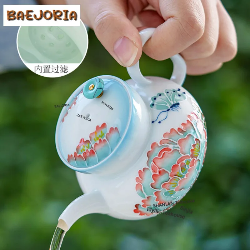 

120ml Pile Carving Hand-painted Azure Peony Teapot Retro Tea Infuser Pot Tea Brewing Kettle With Ball Hole Tea Services Craft