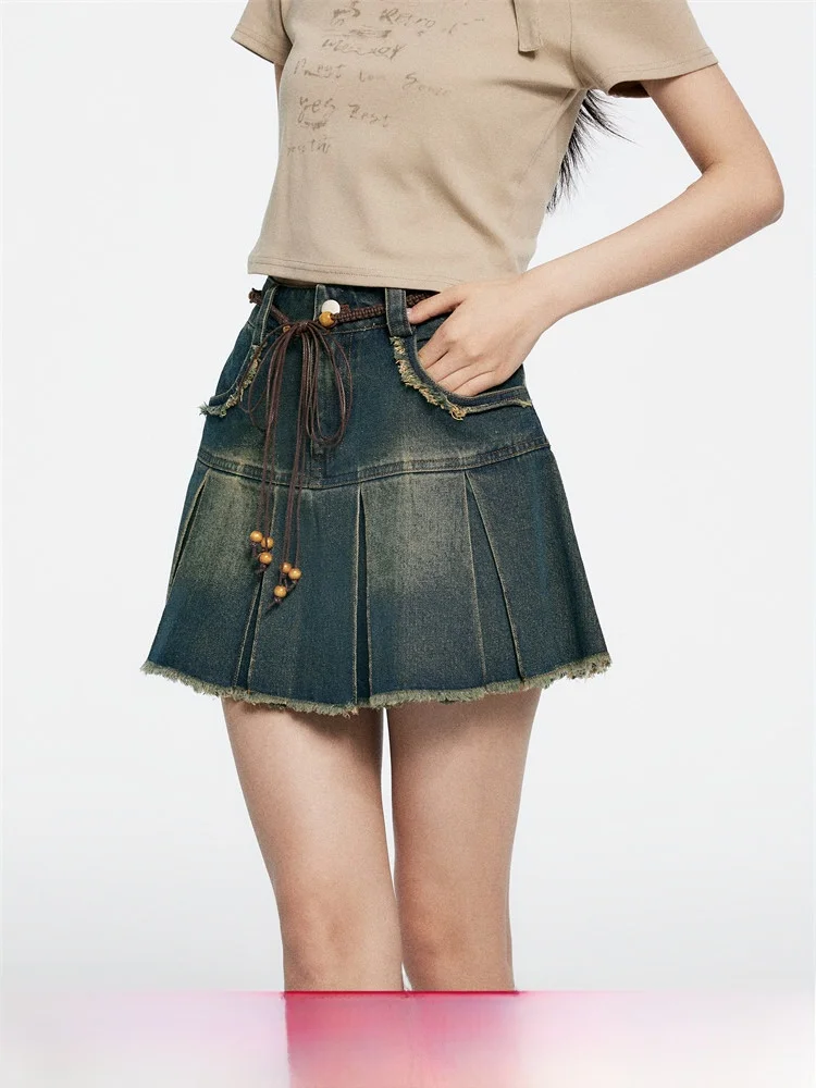 

Chill Zoe Vintage Ruffle Hem Pleated Skirt Denim Women's Faion Summer New Arrival A-Line Skirt Cotton Material