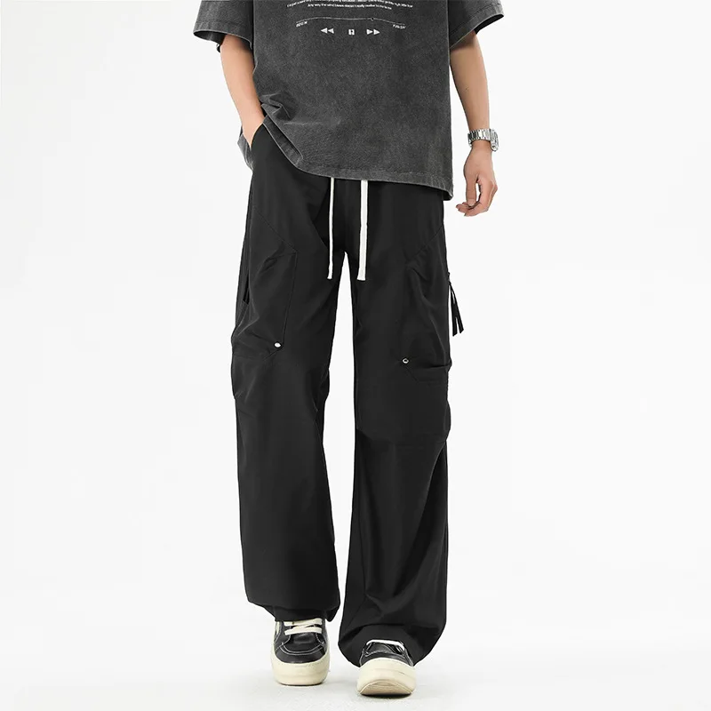 

2024, весенне-осенние новые модные мужские повседневные модные однотонные плиссированные свободные прямые широкие брюки с завязками, мужские брюки