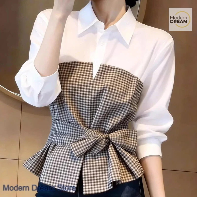French design fashion long-sleeved blouse female summer and autumn temperament beautiful super beautiful niche fake two shirts.