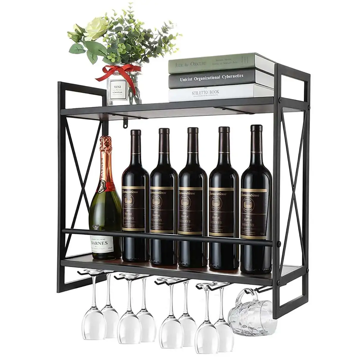 

Hanging Wine Racks Iron Wood Wine Bottles Rack Glass Cup Stemware Holder Shelf Wall Mounted Bar Decor Barware For Home Kitchen