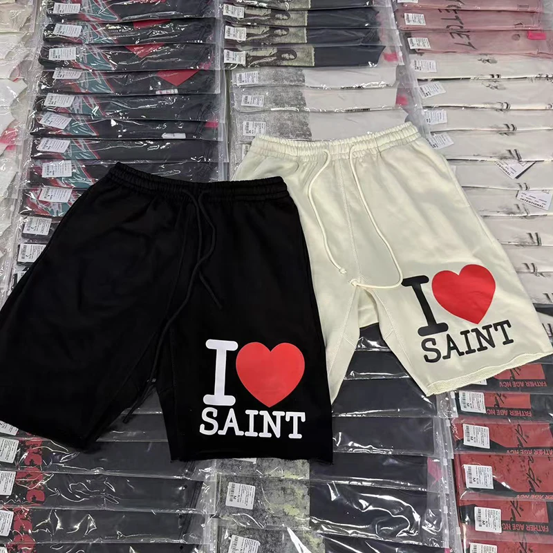 26ss American Retro Letter-shaped Heart Print Saint Casual Shorts Men's Women's Daily Casual Stretch Waist Pants