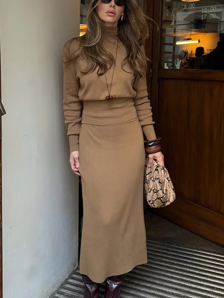 Two Piece Set Long Sleeve Top and Midi Skirt Ribbed Crew Neck Slim Fit Stretch Office Autumn Winter Bodycon Set