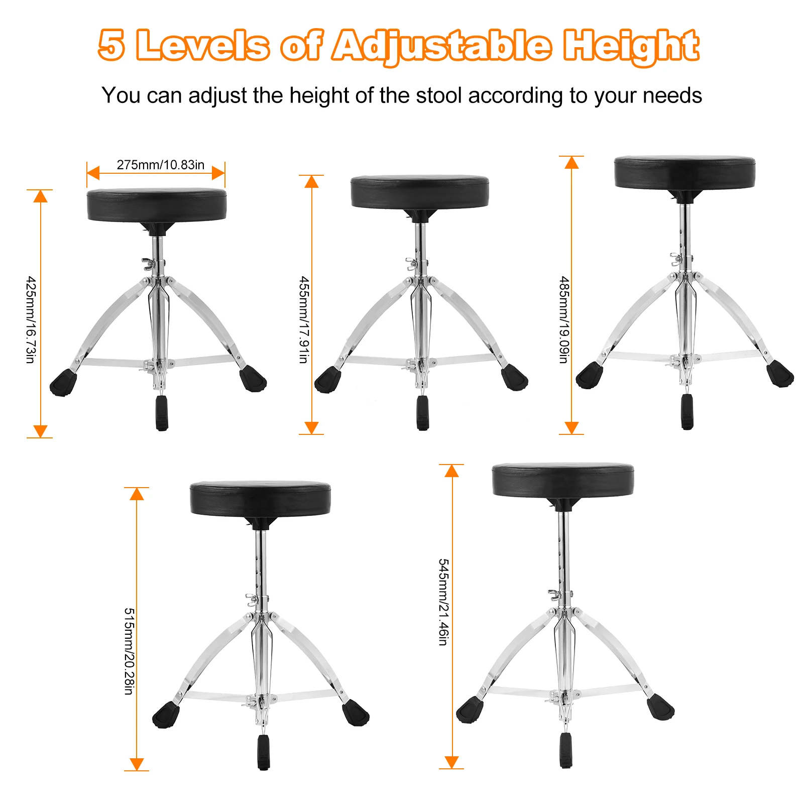 AROMA Universal Drum Throne Round Padded Drum Seat Stool Double-braced Stainless Steel Legs Anti-slip 5 Levels Adjustable