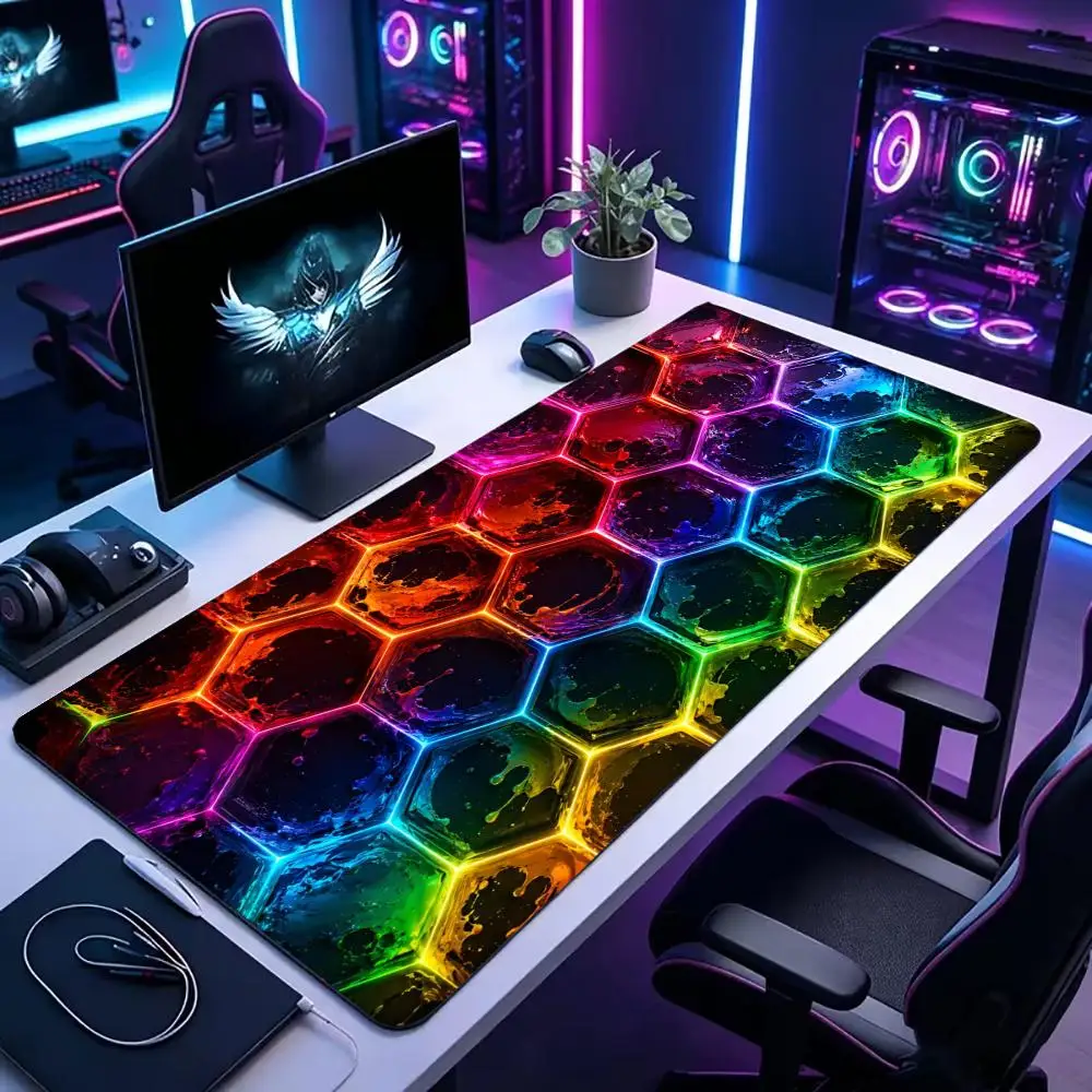Rainbow Hexagon Honeycomb Large Desk Mat MousePad Mouse Mat Gaming Keyboard Mat TCG Playmat Non-Slip Rubber Base Gamer Table Mat
