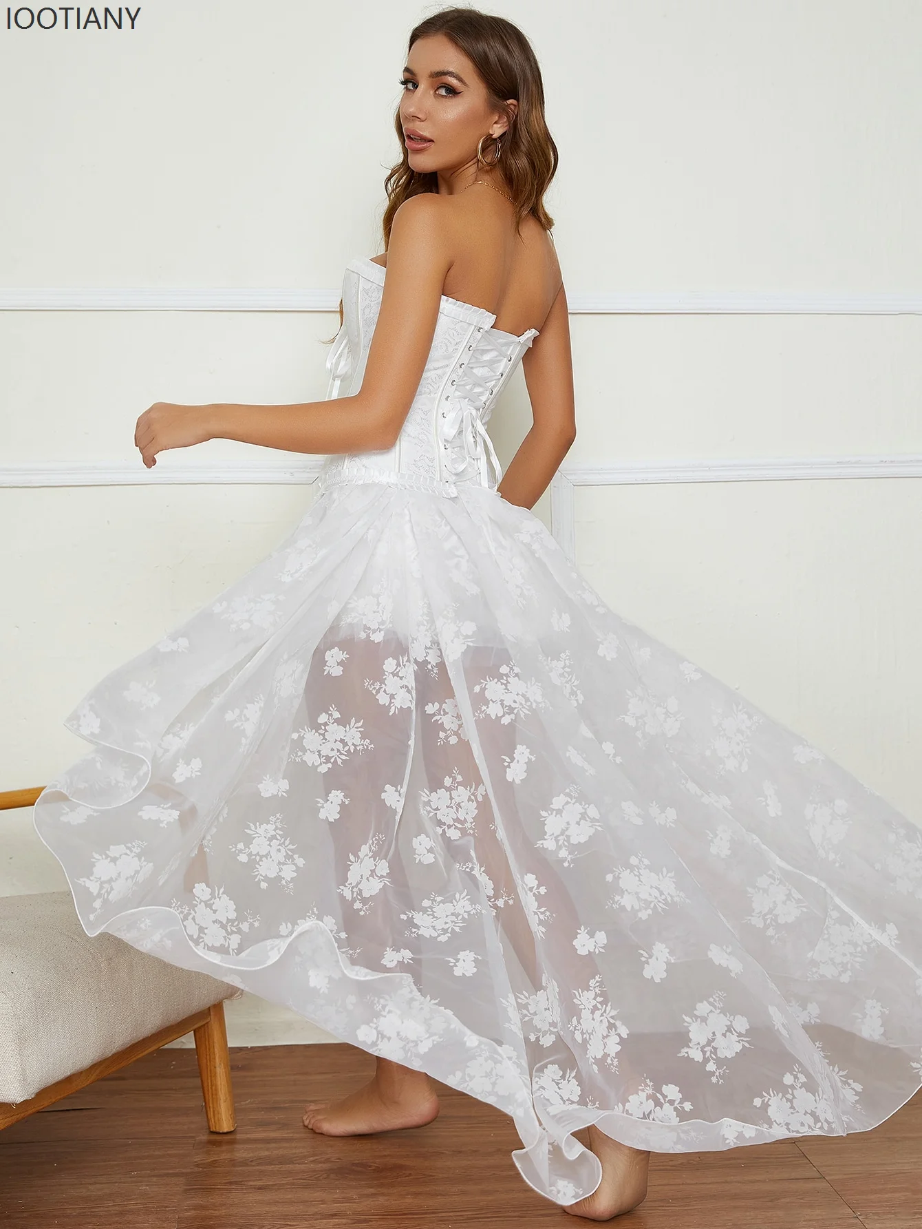 Halloween White Floral Chiffon Short Front Long Back Asymmetric Gothic Top Skirt Women's Burlesque Stage Performance Costume Set