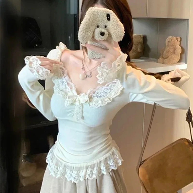 

Корейская милая кружевная блузка женская с длинным рукавом элегантная нежная рубашка с бантом глубокий V-образный вырез с рюшами тонкий сексуальный модный топ в консервативном стиле