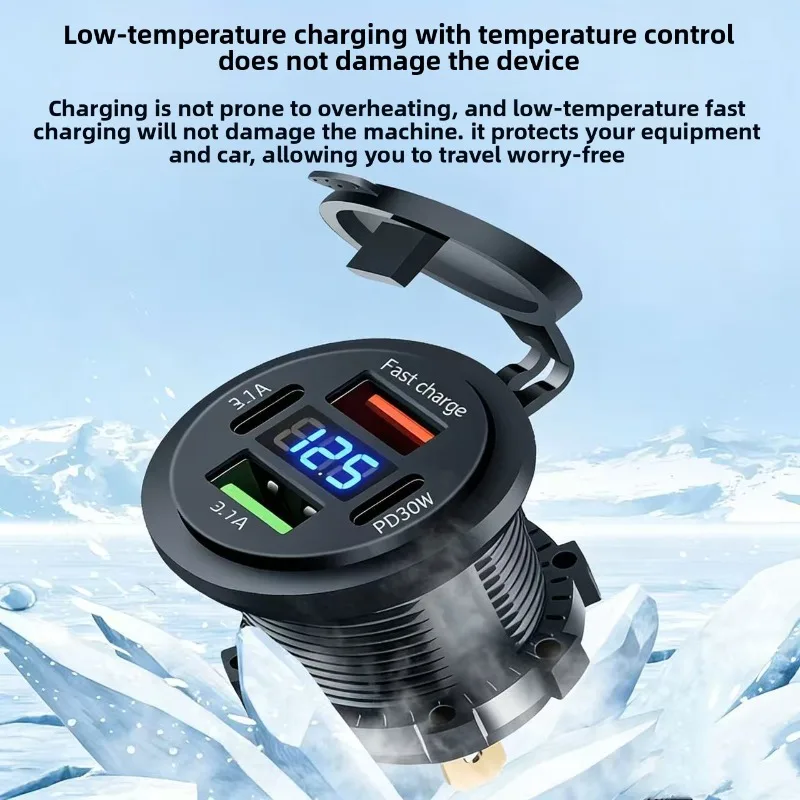 Car Charger Socket Dual Type-C & Dual USB 4Ports Fast Charging Socket Waterproof with Voltmeter 12V/24V for Car Boat Motorcycle
