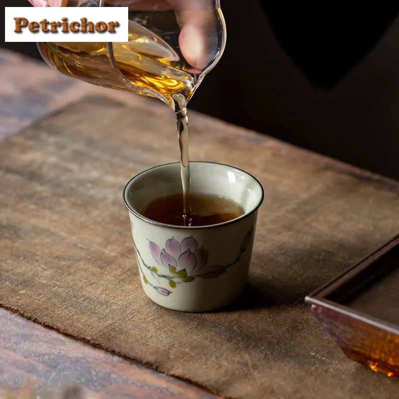 120 مللي مرسومة باليد ماغنوليا زهرة النبات الرماد فنجان الشاي زن وعاء الشاي كوب للشاي الشاي تذوق رائحة كوب Jianzhan ماستر أكواب تشا