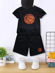 Boys 2-piece Pajama Set Cartoon Basketball Print Crew Neck Short Sleeve T-shirt + Matching Shorts Comfy Loungewear