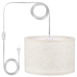 Plug in Pendant Light 15Ft Rope Cord Hanging Lamp Fixture with ON/OFF Switch Linen Fabric Shade E26/E27 Bulb Socket for Bedroom