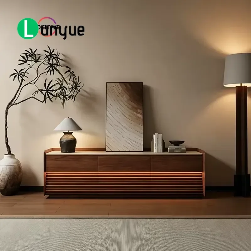 Vintage Medieval Style Walnut Solid Wood TV Cabinet with LED Light Marble Top Nordic Living Room Floor Sound System Furniture