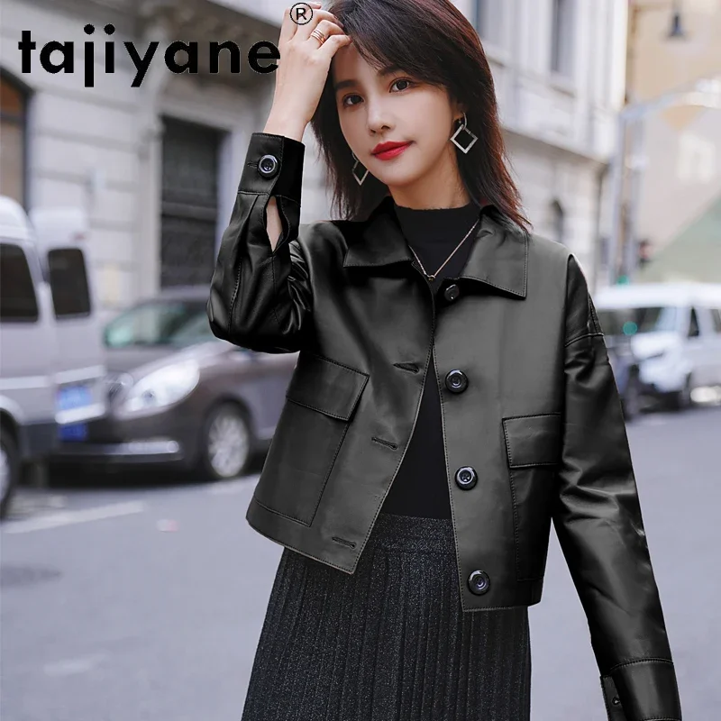 Tajiyane Biker Jacket สำหรับฤดูใบไม้ผลิ2021สั้น Sheepskin แท้หญิงหนังสีดำแจ็คเก็ต Veste Femme Pph4964