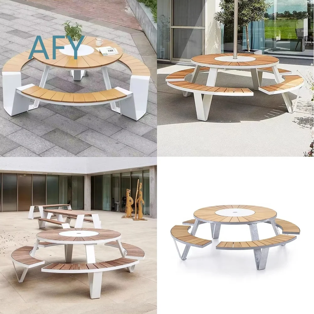 Outdoor Picnic Table Set for Garden Courtyard Patio Outdoor Dining Furniture with Umbrella Hole Metal Frame Wooden Top