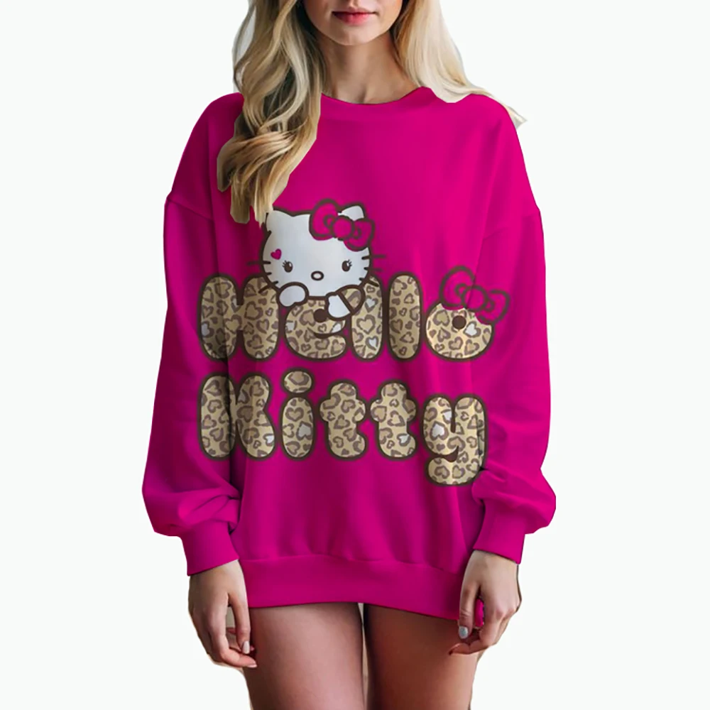 Women\'s Hello Kitty Printed Sweatshirt, High Street Women\'s Hoodie, Y2K Pattern Clothing, Casual Round Neck Sweater