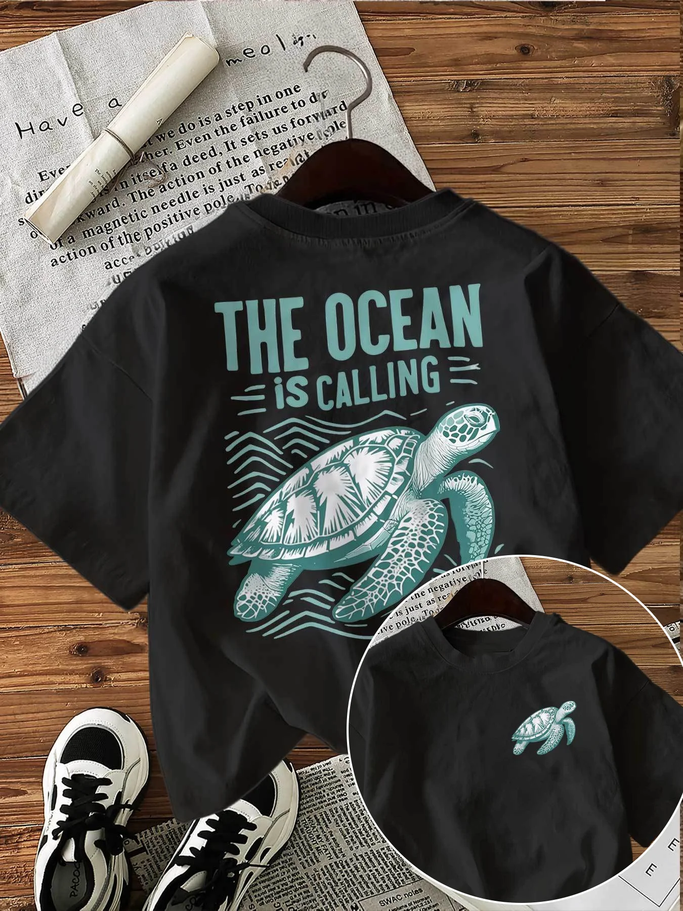 Family MatchingT‑Shirt Black Sea Turtle Front‑Back Print The Ocean Is Calling Wave Slogan Marine Animal Nature Graphic SleeveTee