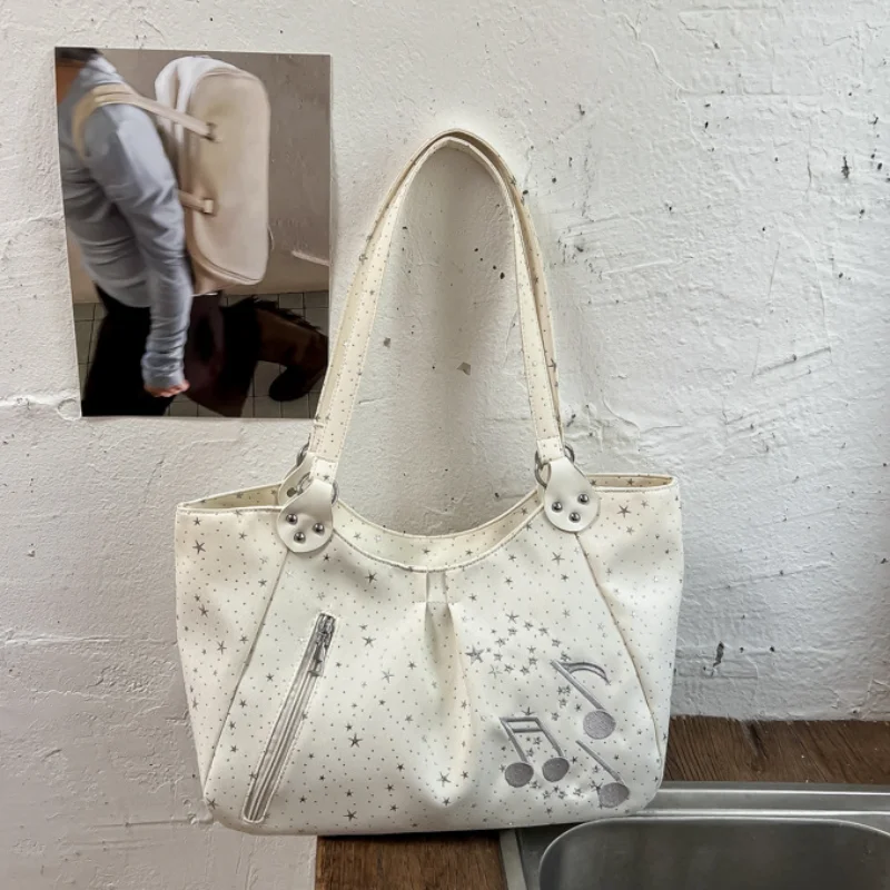 Star Music Note Pattern Tote Bag Women Korean Large Capacity Casual Shoulder Bag Soft Fashion Daily Commute Shopping Handbag