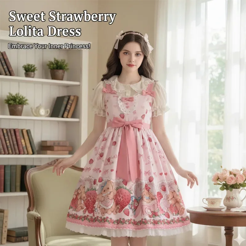 

Bunny Lolita JSK Dresses Y2K Bow Strawberry Vintage A-Line Suspender Dress Sweet Gift Box Edition Kawaii Lolita Outfit Dress New