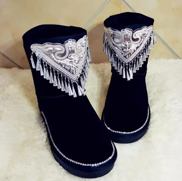 

Folk Style Silver Tassel Shape Wind-Bell Black Suede Snow Boots Crystal Edge Sole Round Toe Slip On Plush Fur Winter Boots