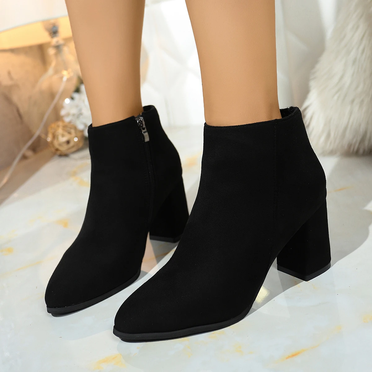 

White Ankle Boots for Women 2025 Side Zipper Stretch Middle Heel Large Size Short Boot Fashion Pointed Shoes Botas De Mujer