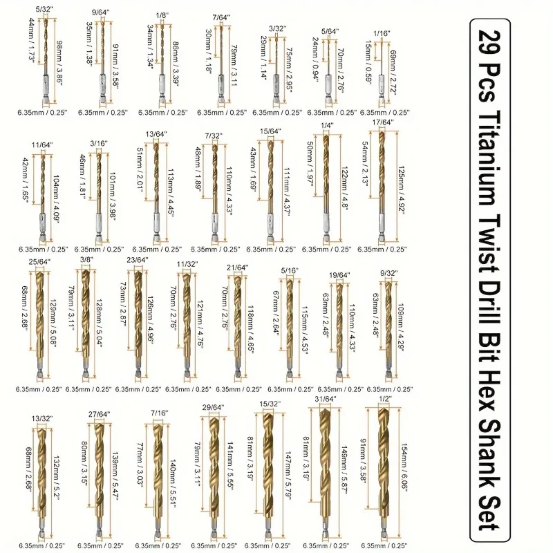 BIESUO Titanium Impact Drill Bit Set -30 Pcs Hex Shank HSS,Hex Shank Drill Bit Set,Quick Change Design,for Wood,Steel,Metal