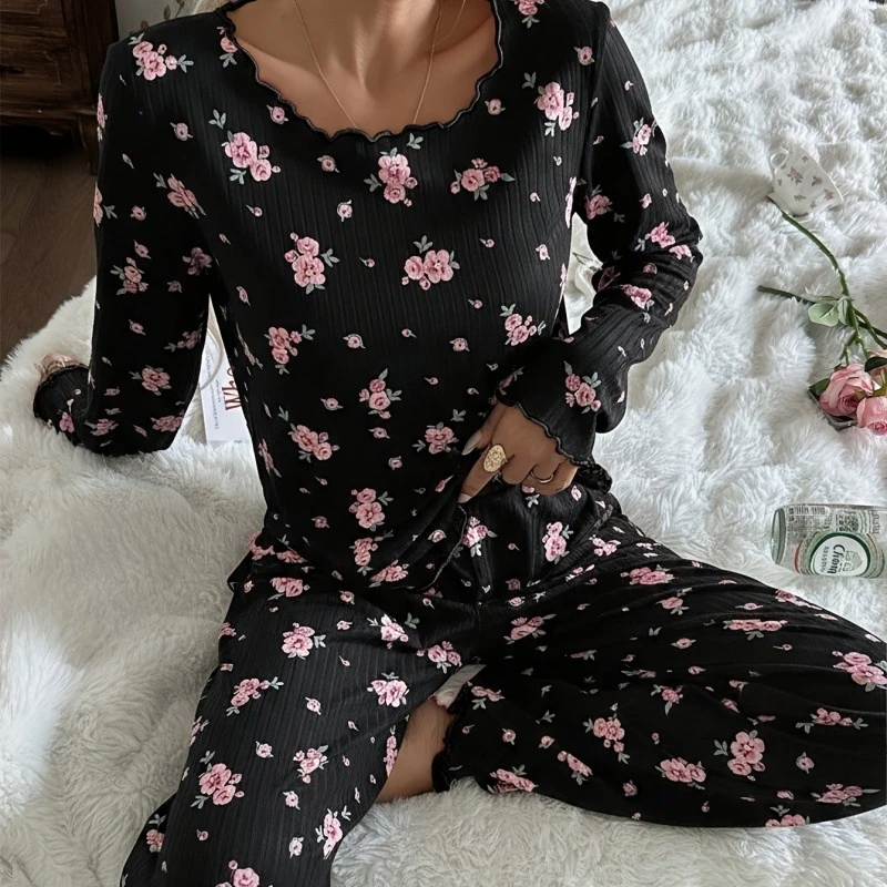 Women Floral Print Pajama Set Wavy‑Edge Neck Long‑Sleeve Top & Pants Soft Sleepwear Casual Pajamas For Women Home Suit Pjs Set