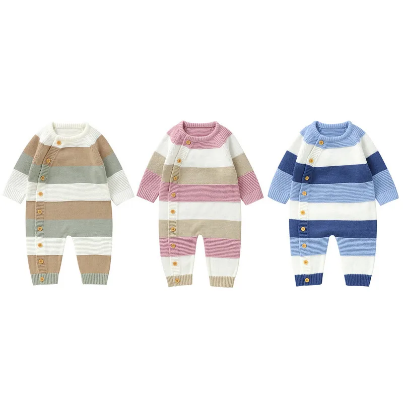 0 to 18 Months Baby Girl Boy Sweater Romper Autumn Winter Clothes Striped Crew Neck Long Sleeve Full Length Jumpsuit