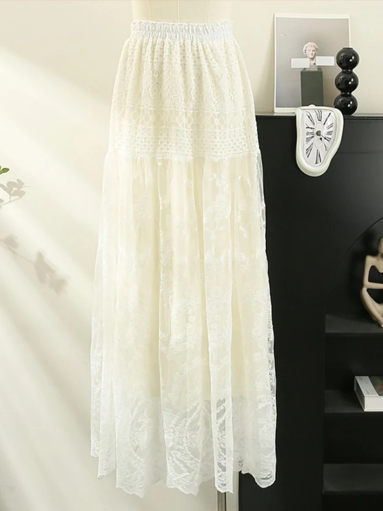 Vintage Elegant White Lace A-line High-waisted Skirt