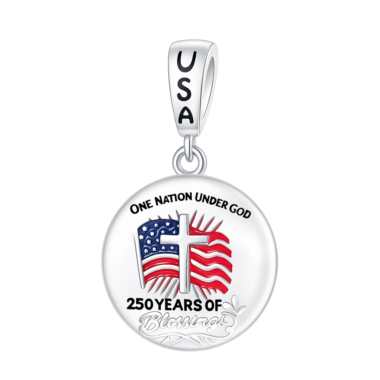 925 Sterling Silver USA 250 Years Blessing Charm One Nation Under God Cross US Flag Round Pendant Fit DIY Bracelet Jewelry Gift