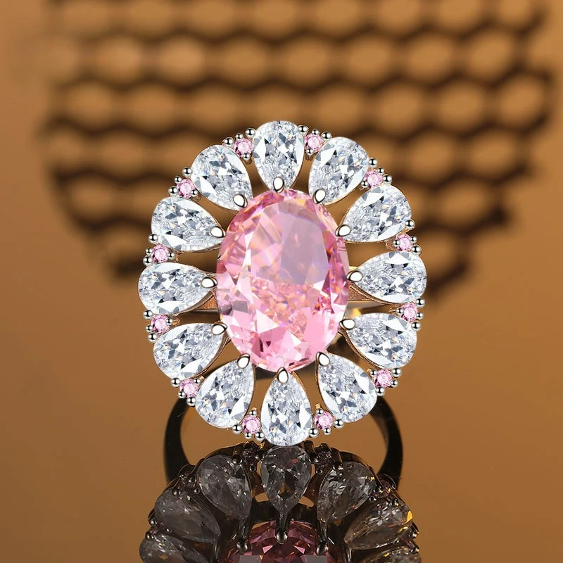 

Advanced Design PT950 Platinum Artificially Cultivated Gemstone Ice Flower Cut Egg Shaped Pink Ring Set with Full Diamond Ring