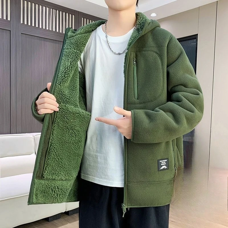 Men's Autumn Winter Top Coat Sweatshirt Cardigan Fleece Hooded Retro Simple Comfortable Loose Casual Soft Niche Versatile Skinny