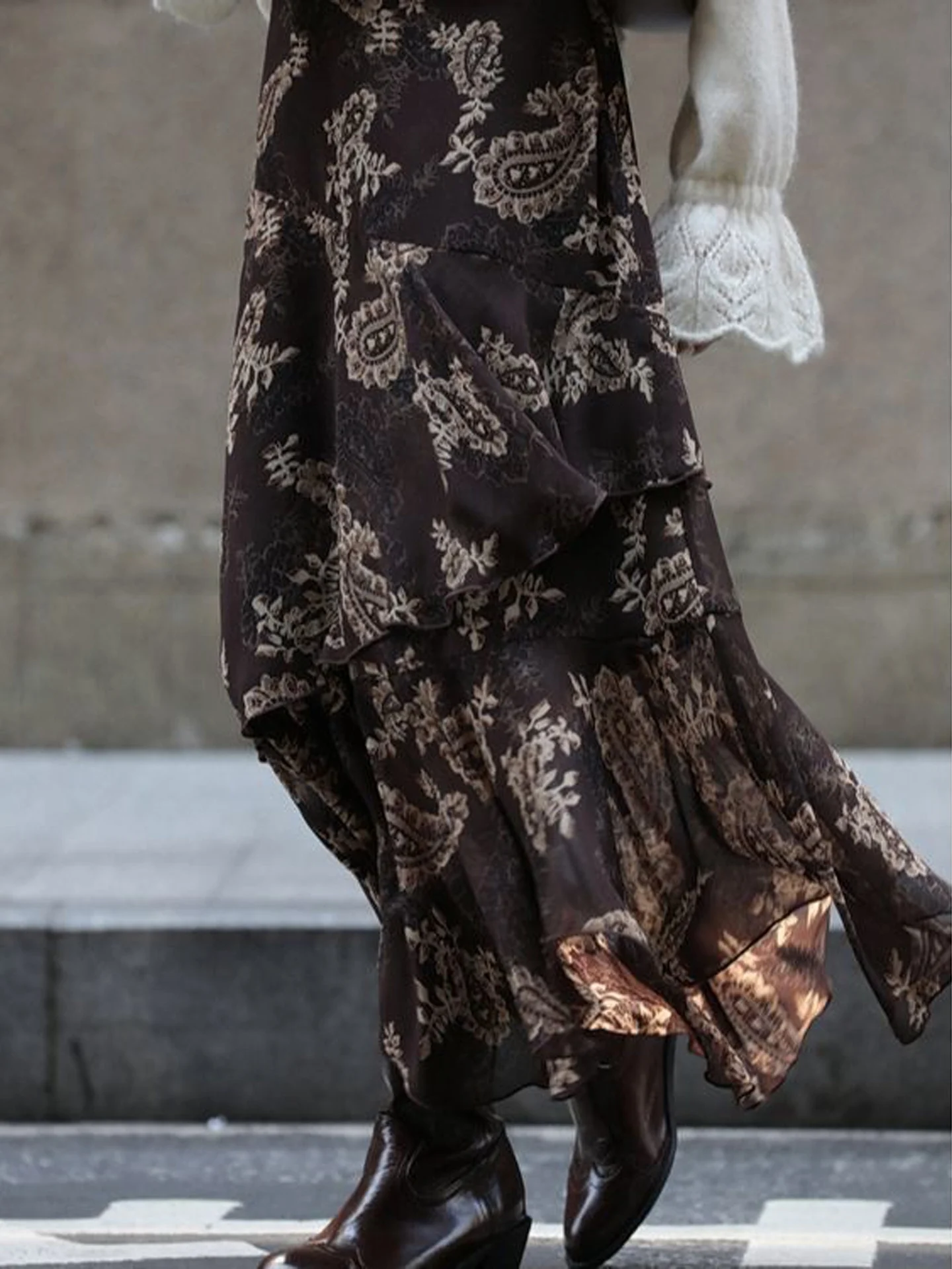 Slimming Havaneta Print Half Skirt Asymmetrical Multi-layered High Waist Midi Skirt for Women Korean Style Commute Wear