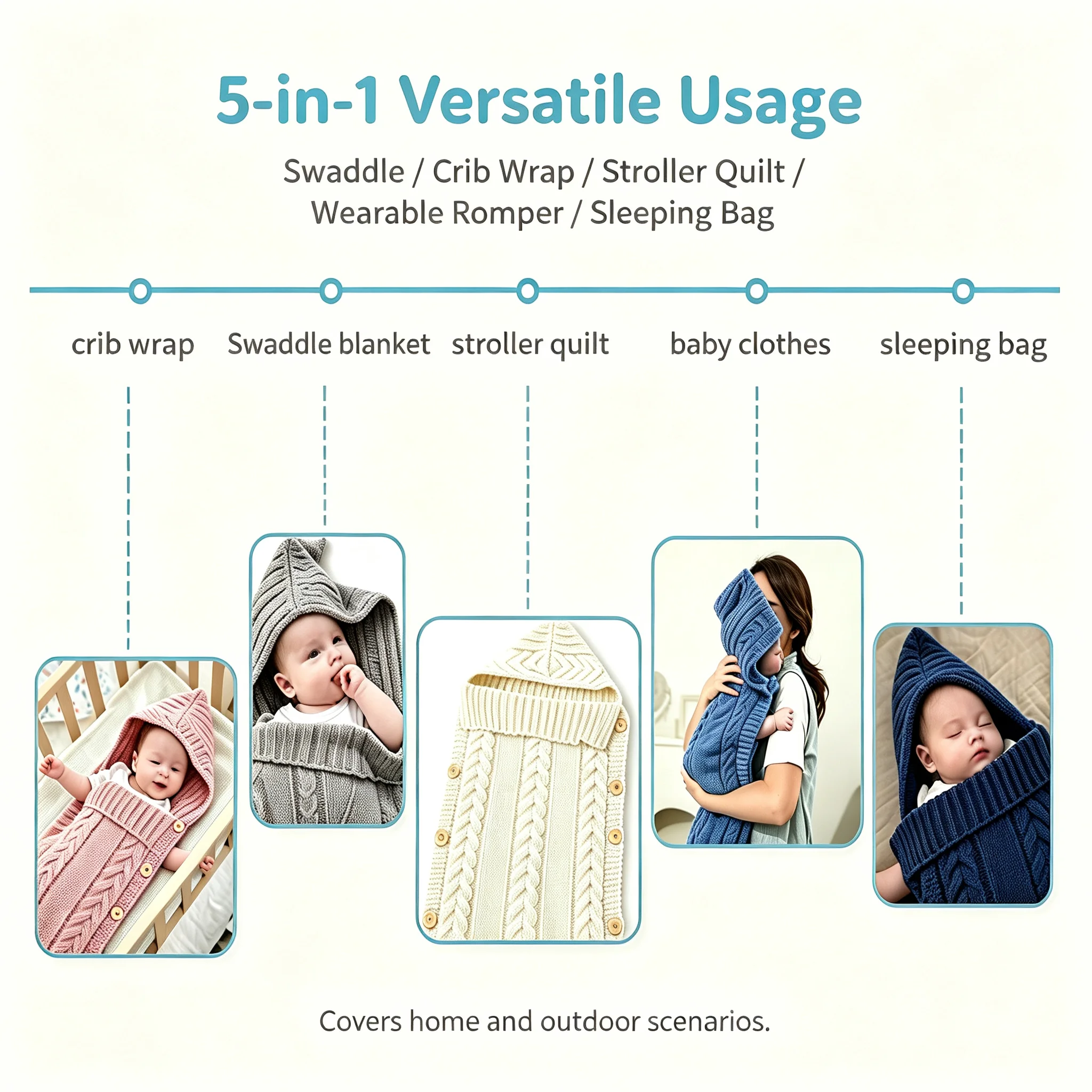 1Pcs Newborn Swaddle Wrap Blanket, Knitted Wool Stroller Sleeping Bag, Warm, Button Design, Fall and Winter Baby Cuddle Blanket