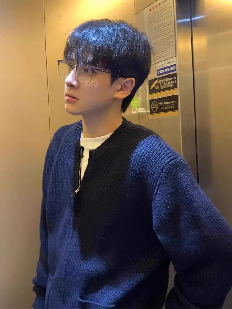 

Мужской вязаный кардиган-свитер Navy Knitted Open Cardigan Sweater, осенне-зимний, корейский стиль, высококачественный, на молнии, Cleanfit, с воротником-бомбером, топ