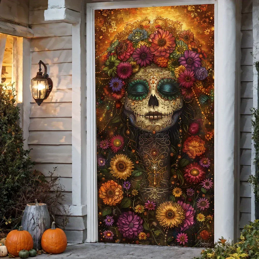 Tenda per porta con teschio floreale vintage - Design con calendula e scheletro, perfetta per l\'arredamento di Halloween e Día de Los Muertos