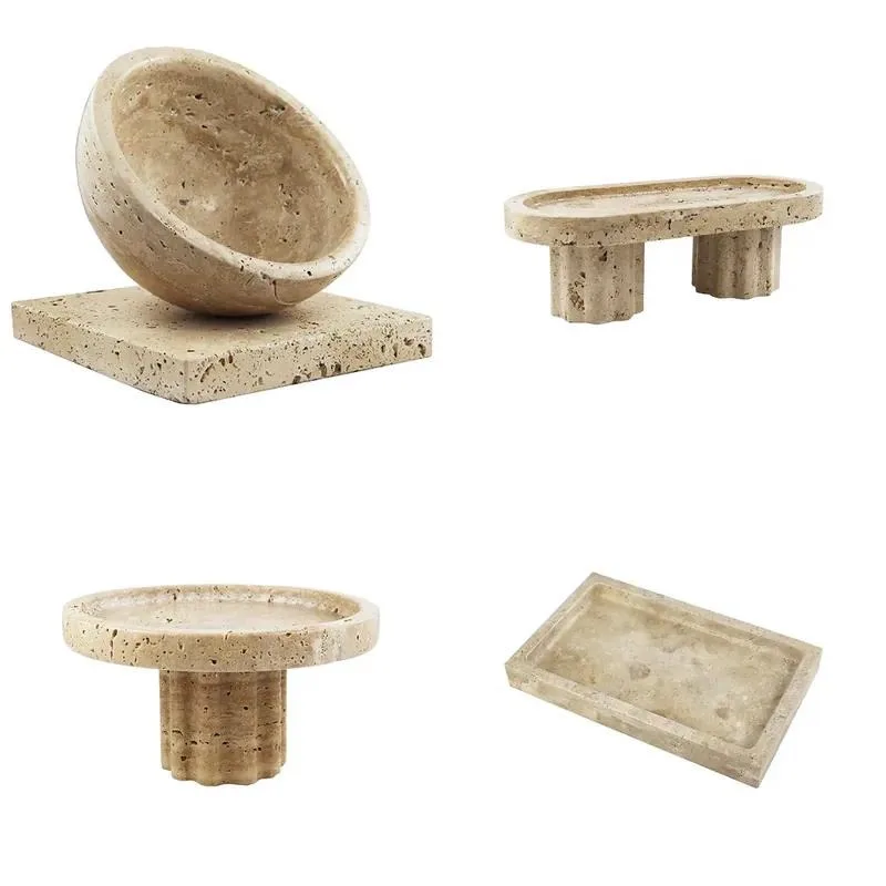 Natural Beige Travertine Marble Jewelry Stand Round Stone Display Holder for Wedding Party Cake Decoration Home Decor