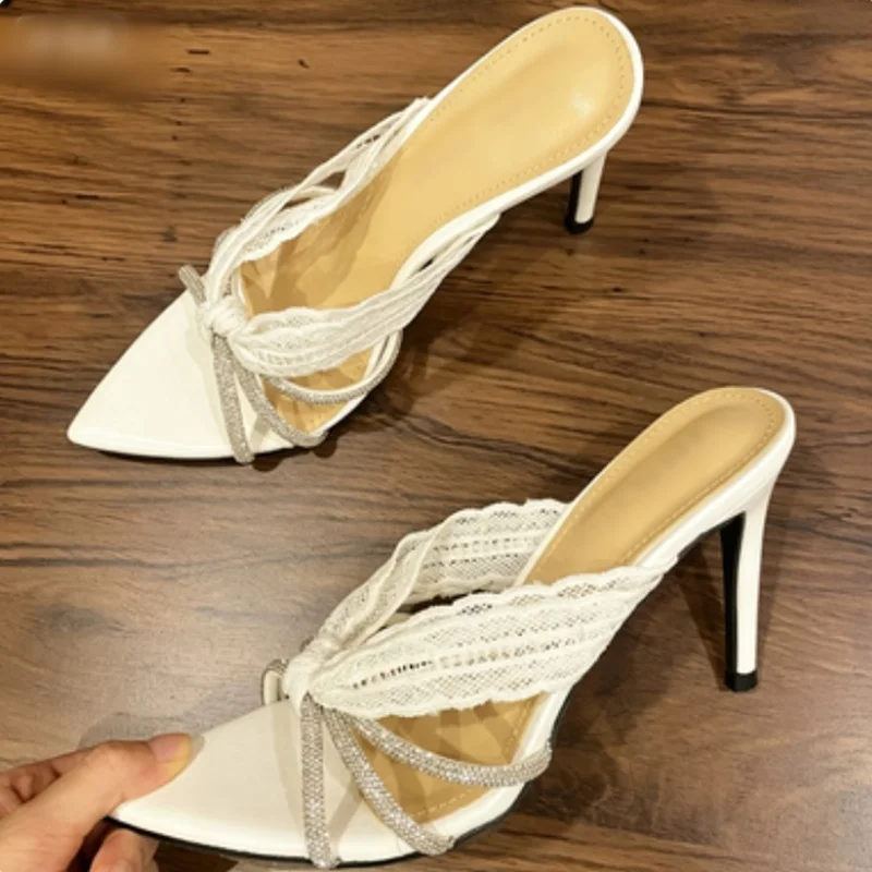 

Newest White Purple Lace Women Mules Glittering Straps Slip On Cover Heels High Heel Slippers Pointed Toe Summer Shoes