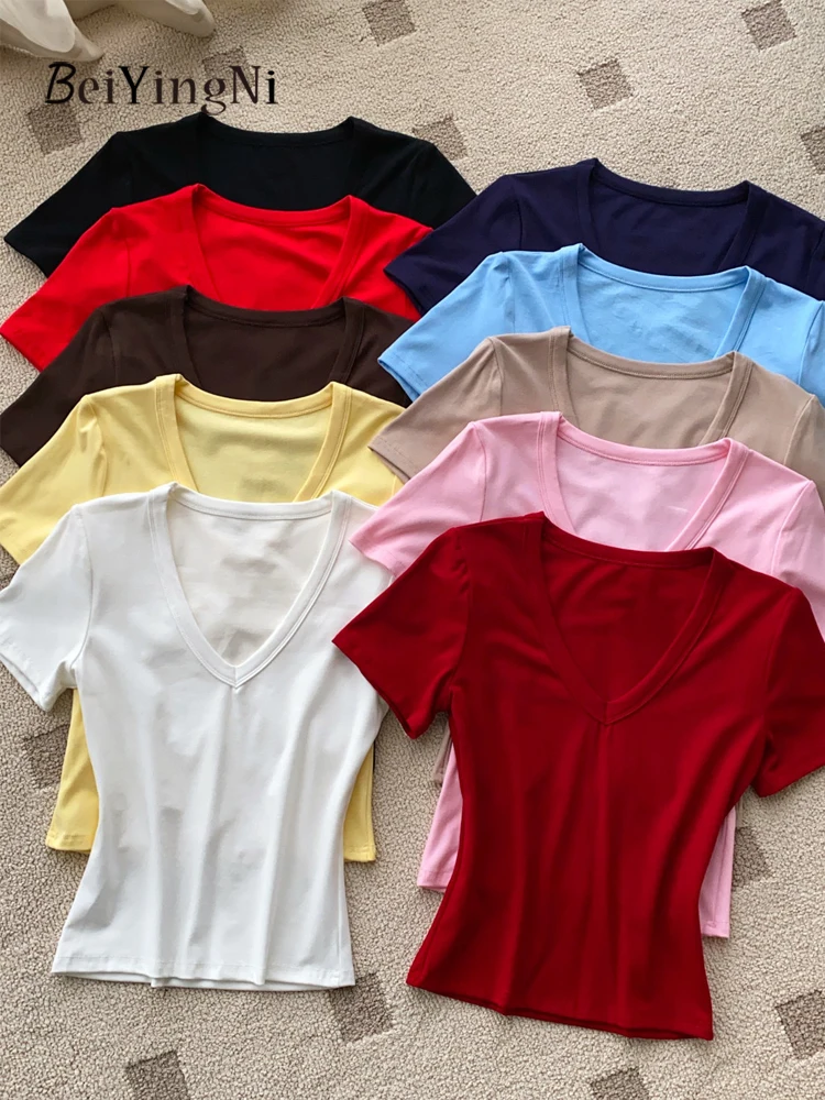 Beiyingni Korean Women's V-neck T-shirts Minimalist Casual Slim Short Sleeve Tops for Woman Summer Plain Sexy Elastic Tee Shirts