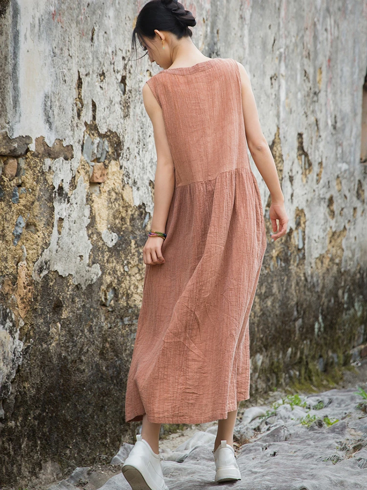 Alta qualidade algodão linho vestido longo feminino novo 2025 verão estilo vintage com decote em v tie dye solto feminino casual a linha vestidos m1293