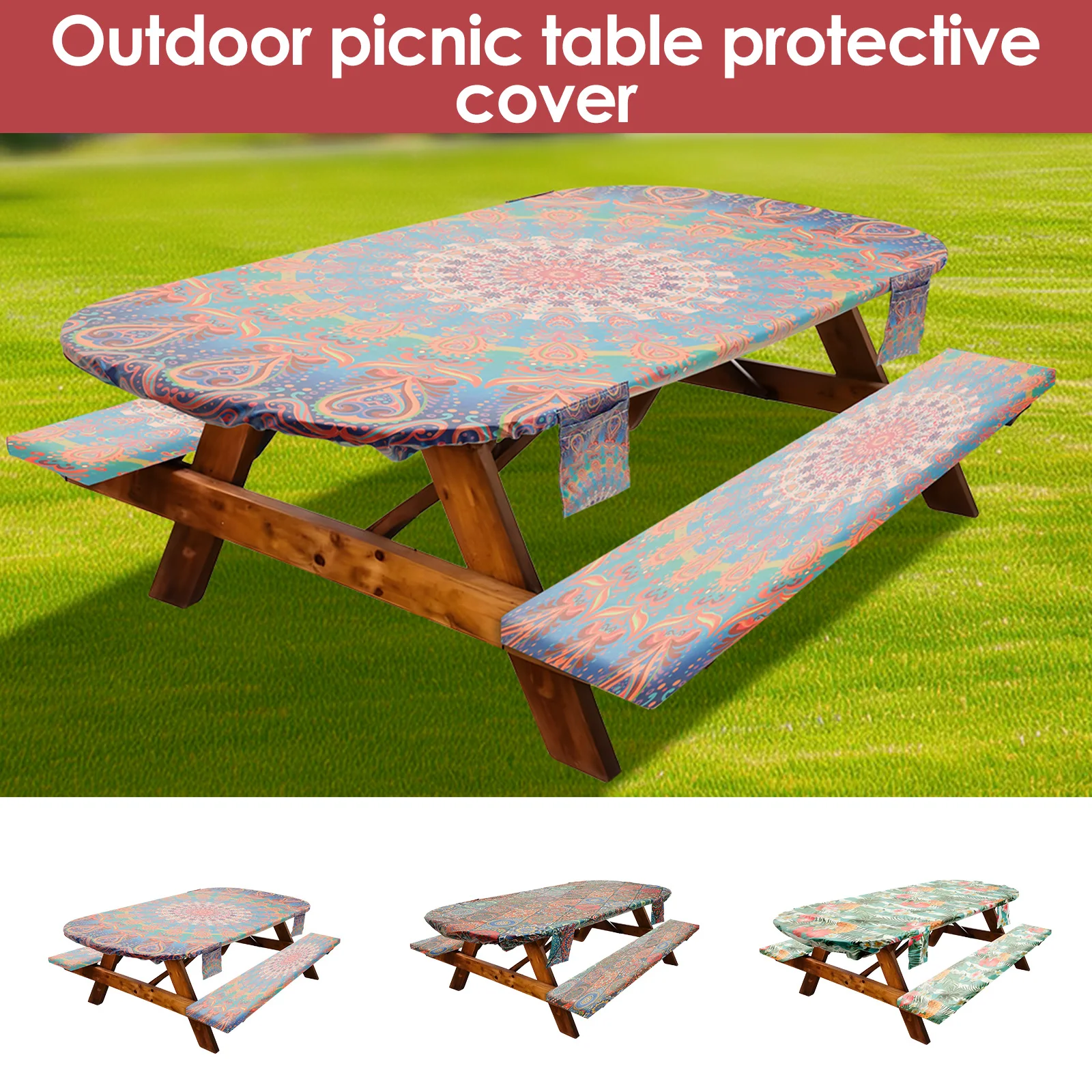 Tablecloth Bench Cover Polyester Picnic Tablecloth Set with Storage Bag Elastic Camping Tablecloth Kit for Outdoor Garden Party