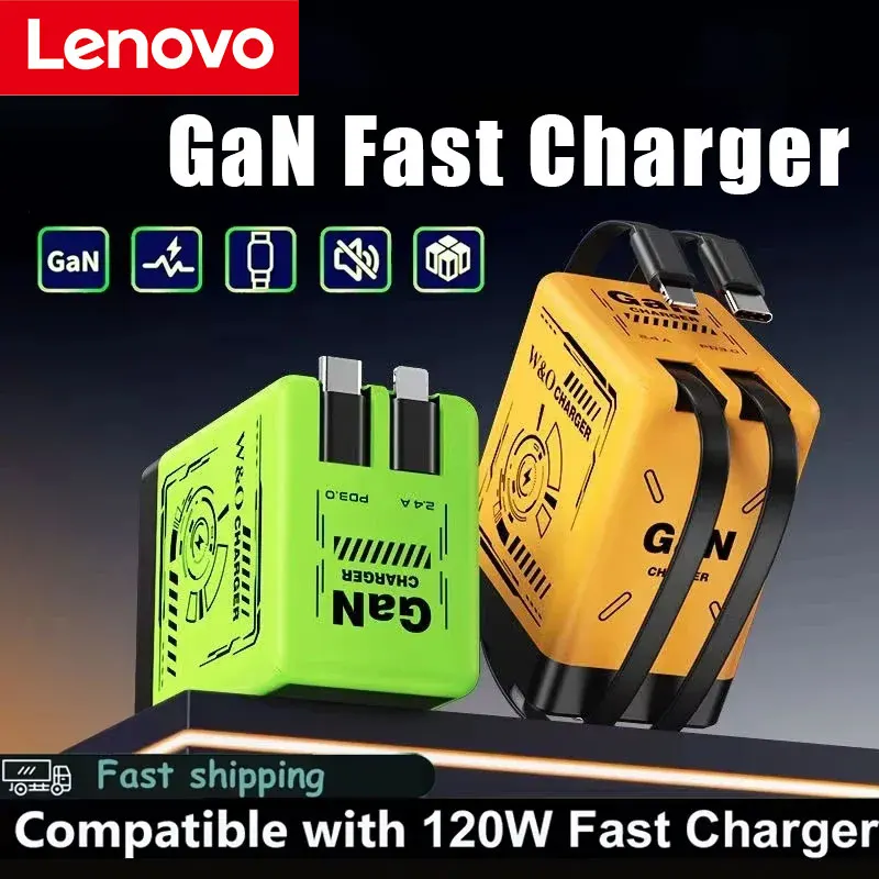 Lenovo GaN Charger 120W Fast Charging, Retractable Type C Lightning Cable Built in Portable Adapter for iPhone iPad Samsung