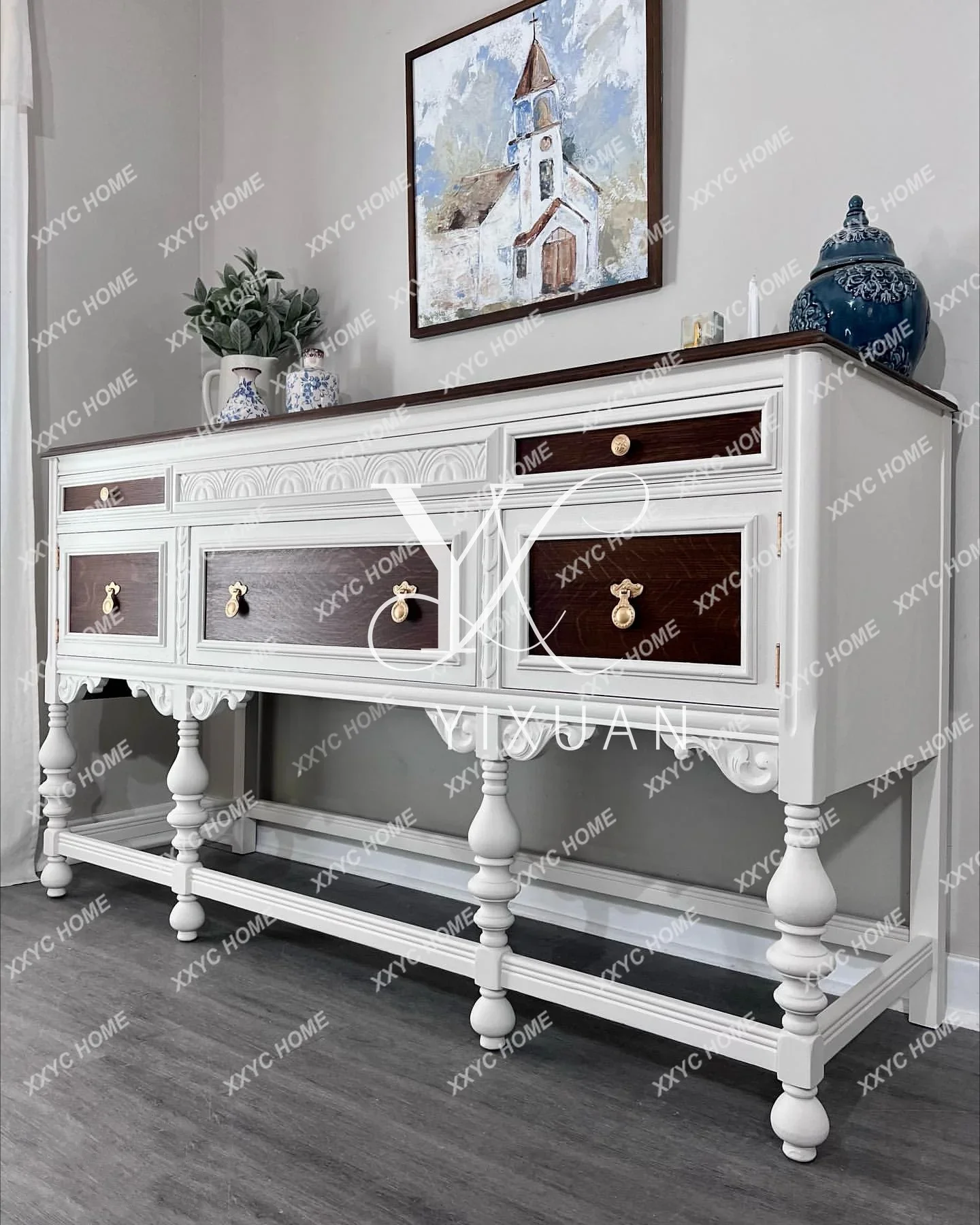 NN  Retro Solid Wood Neoclassical Old Dining Side Cabinet Living Room Wall Carved Decorative Locker