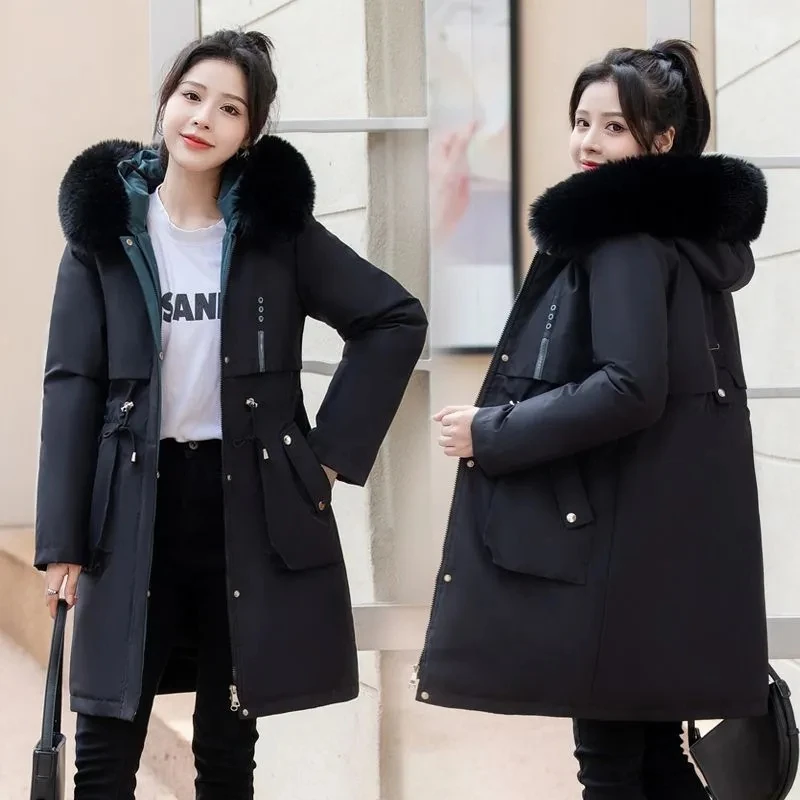 2024 Women\'s Winter Coat Hooded Thick Artificial Fur Filled Parka Detachable Chiffon Puff Coats Female Black Snow Outerwear