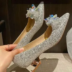 2023 Spring New Women's Single Shoes Luxury Pointed Sequins Rhinestone Crystal Bowknot High Heel Wedding Party Shoes