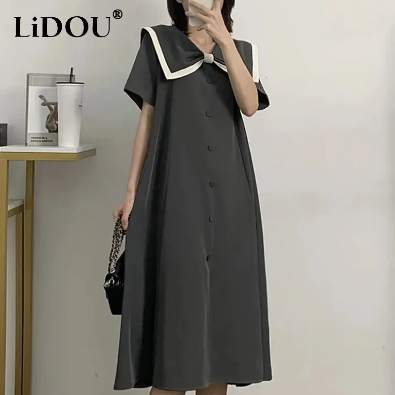 2023 Summer New Naval Leader Contrast Color Patchwork Short Sleeve A-line Dresses Women Vintage Oversize Loose Casual Midi Dress